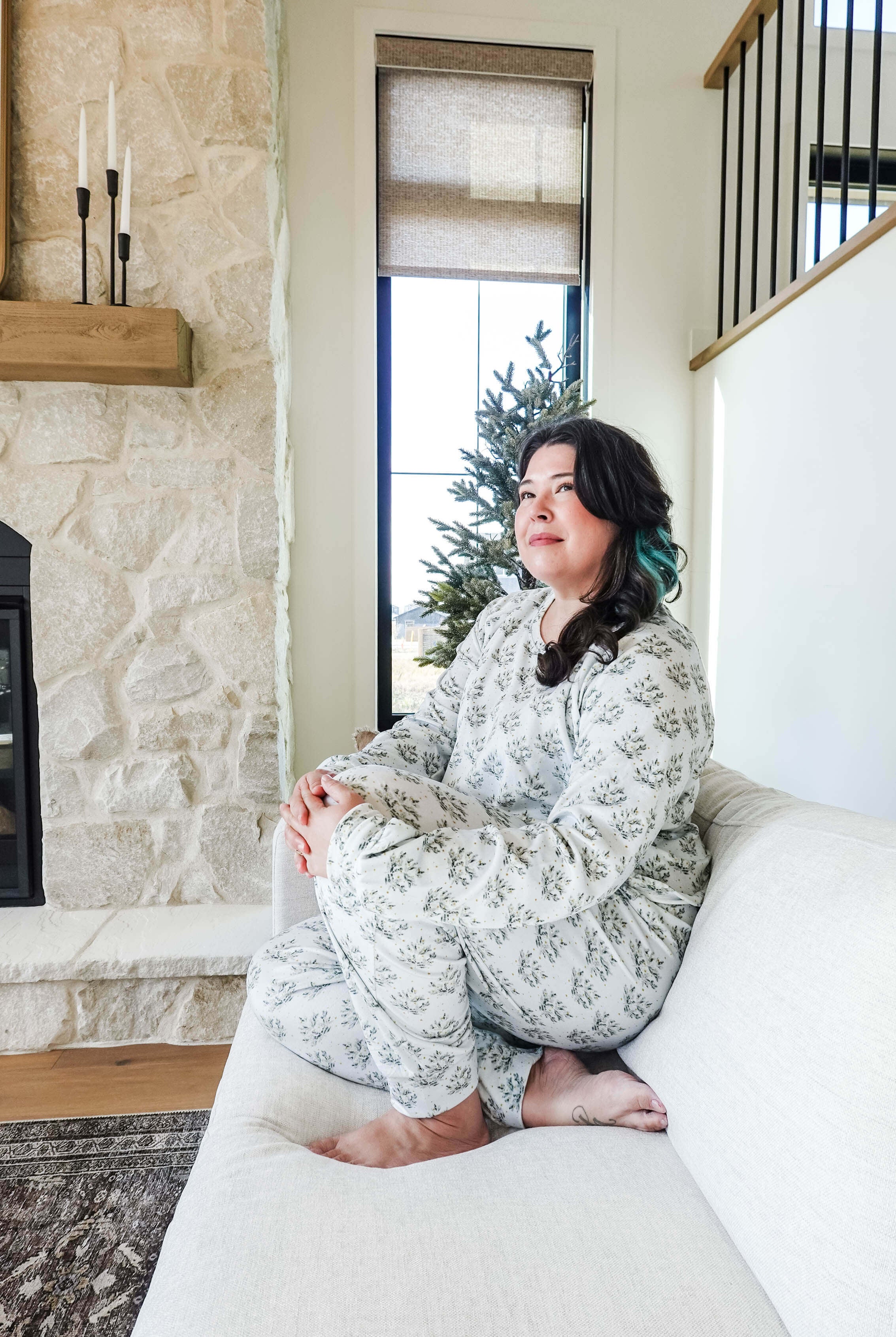 winter pine print in velour pj set for christmas