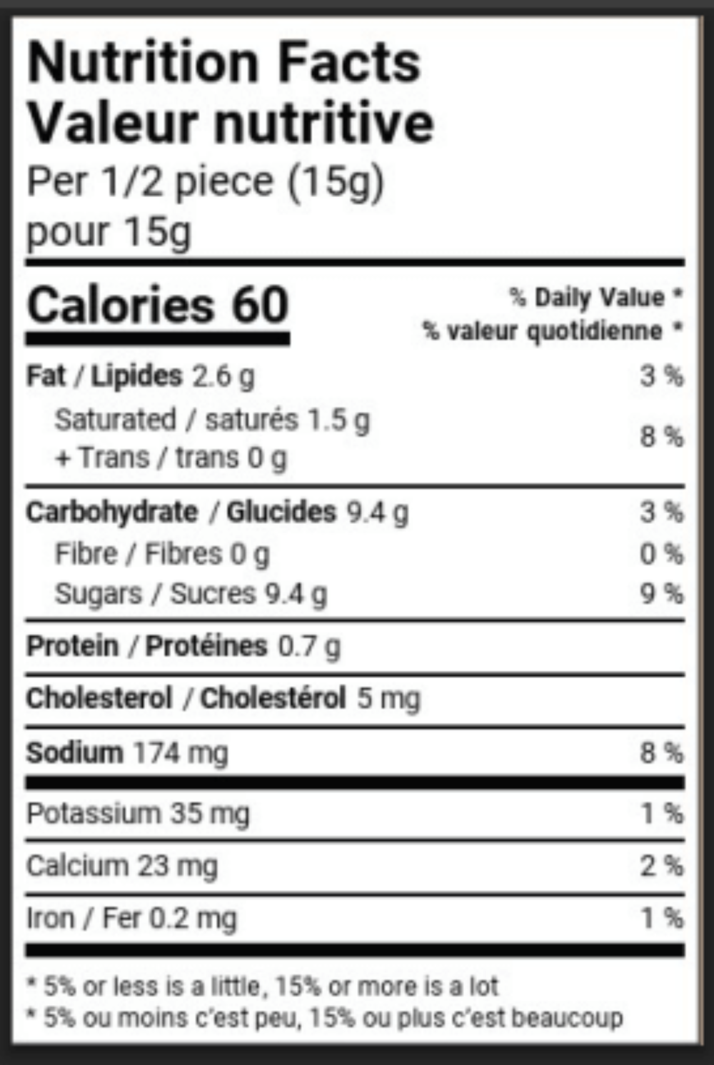 all-groups Nutrition facts label for a food product in both English and French for Salted. Winter Whimsy Collection of 4 pieces salted caramels.