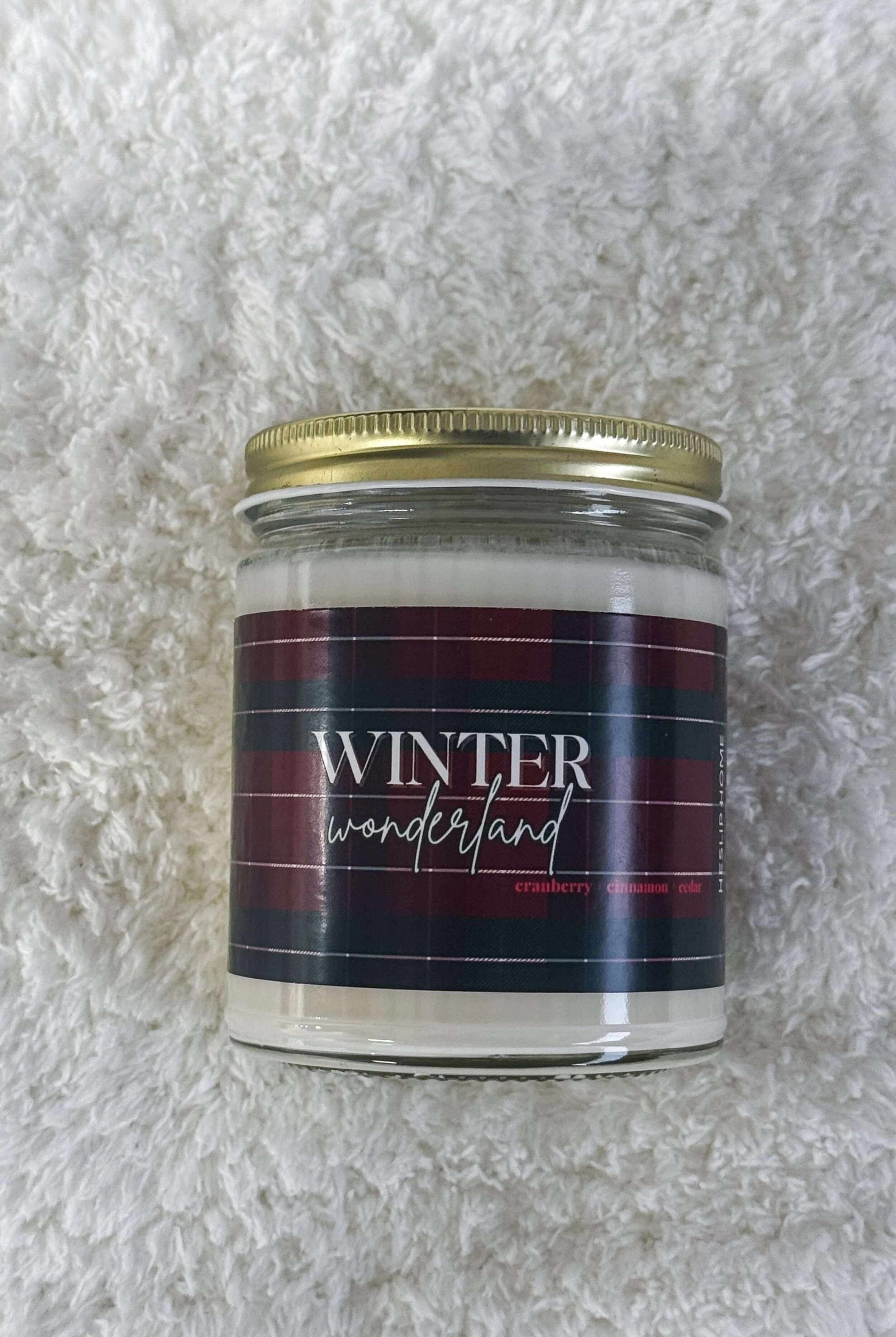 Winter Wonderland Candle - Cranberry Cinnamon Cedar Scent - Plaid print in a glass jar