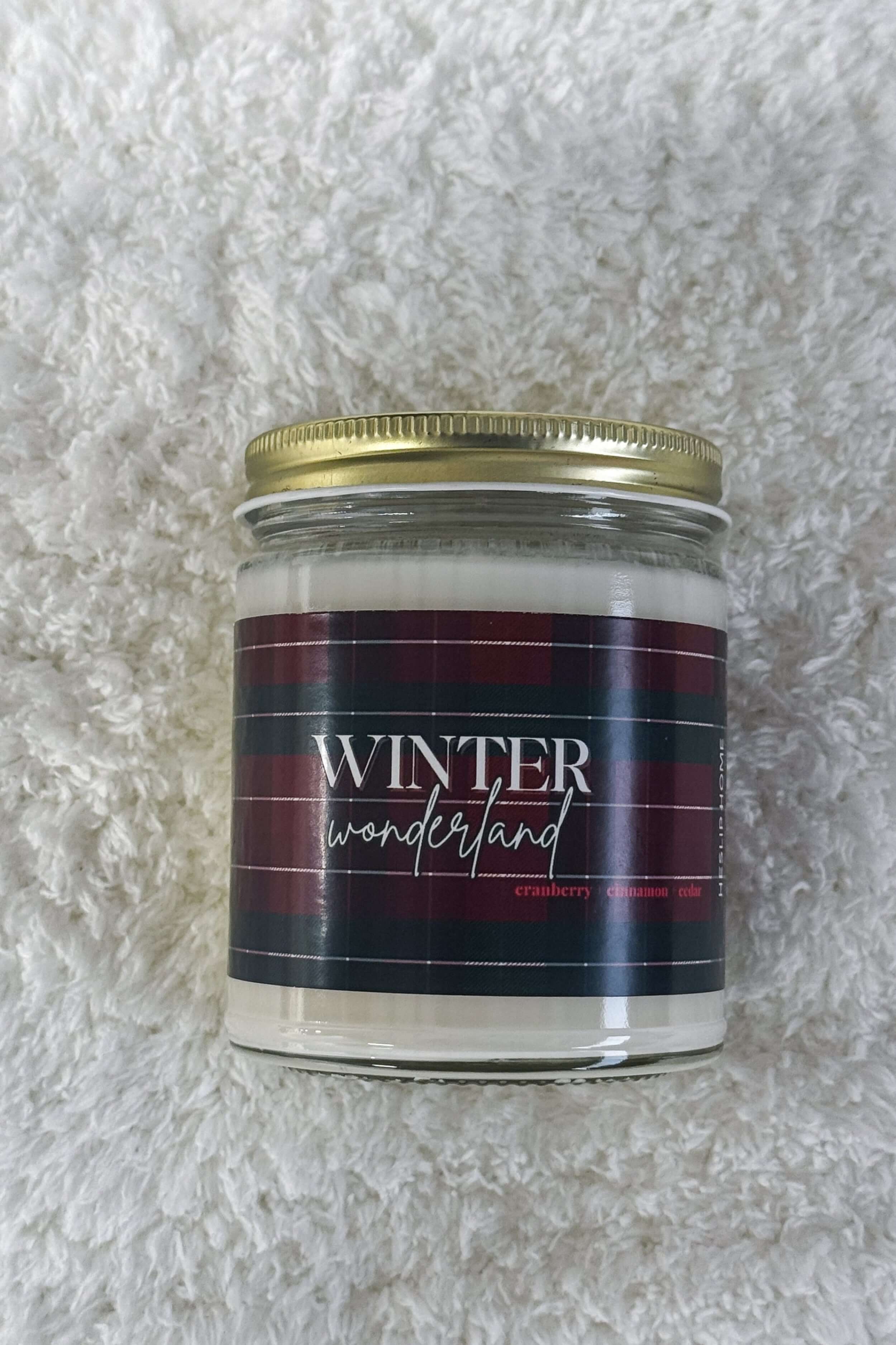 Winter Wonderland Candle - Cranberry Cinnamon Cedar Scent - Plaid print in a glass jar