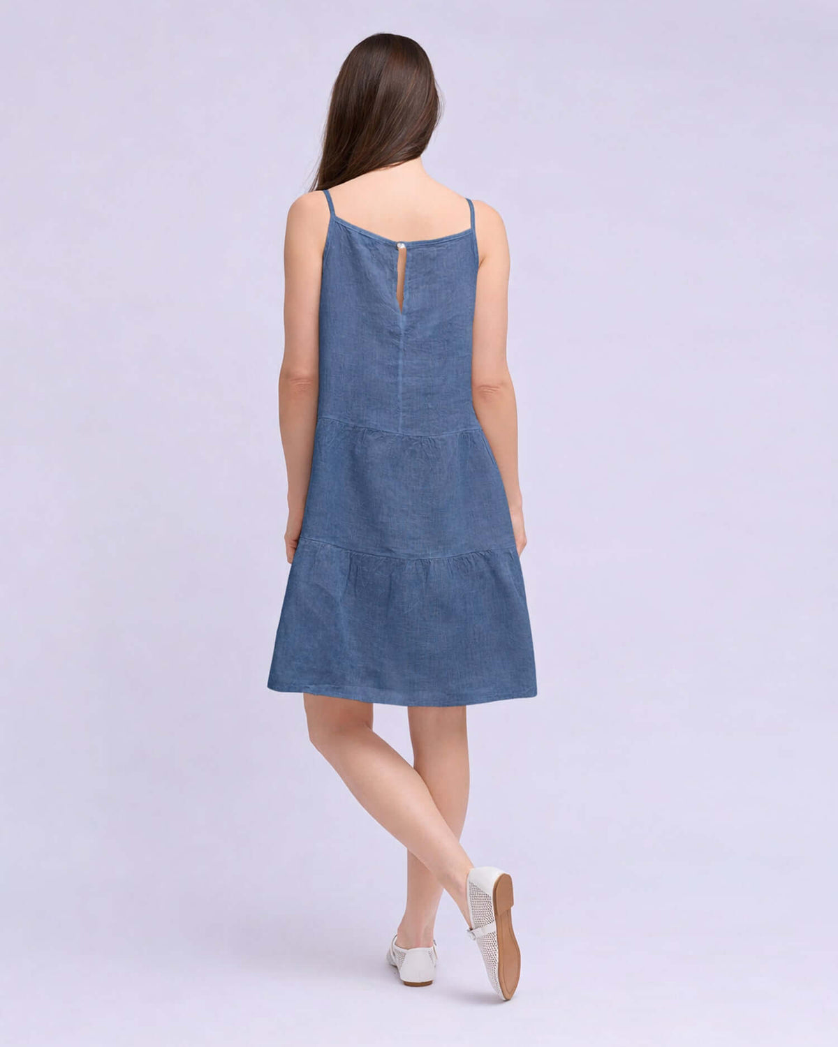 YOGA JEANS Isabella Linen Spaghetti Strap Dress showcased from the back, featuring a tiered design and adjustable straps.