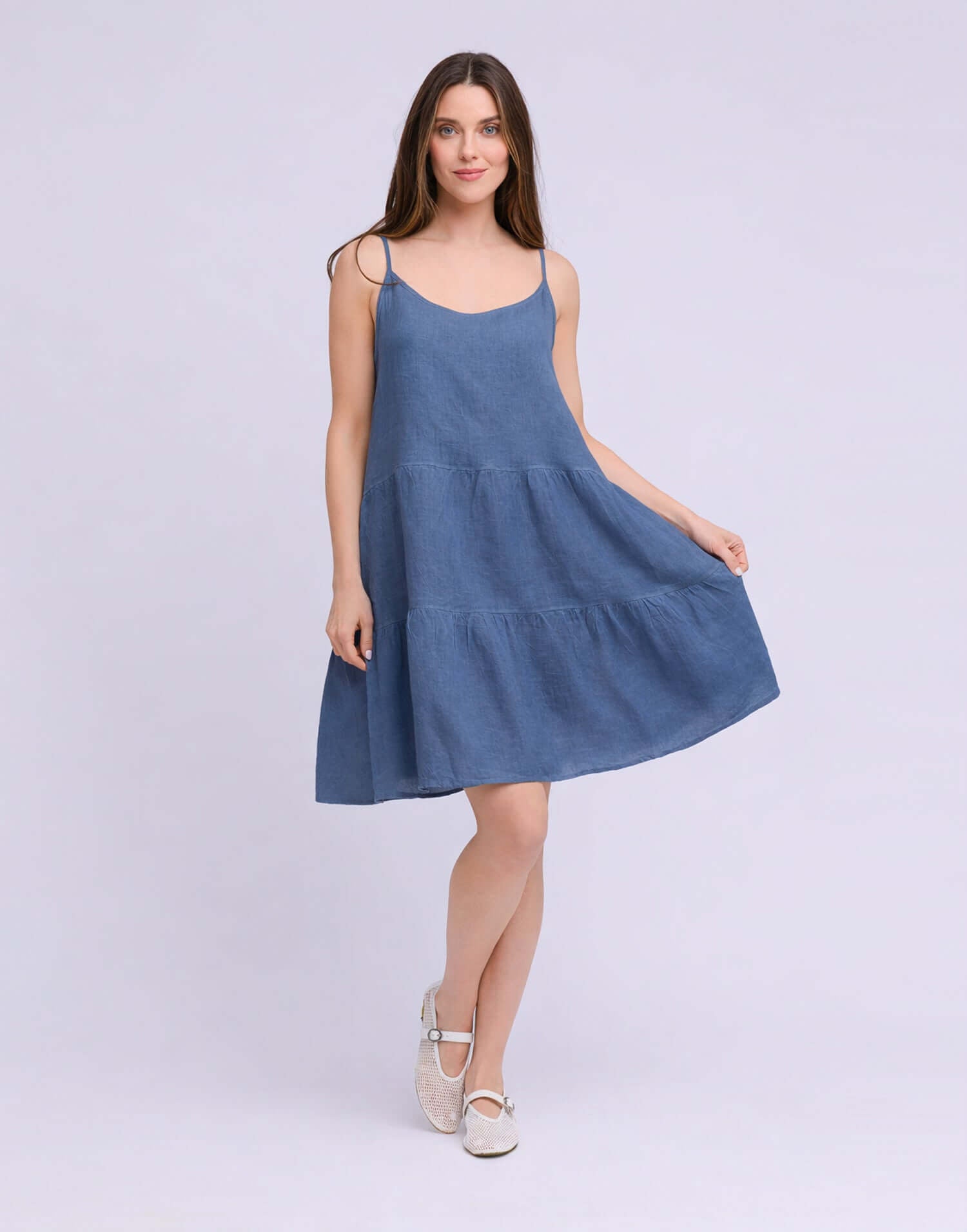 YOGA JEANS Isabella Linen Spaghetti Strap Dress in a stylish blue color, perfect for sustainable fashion.