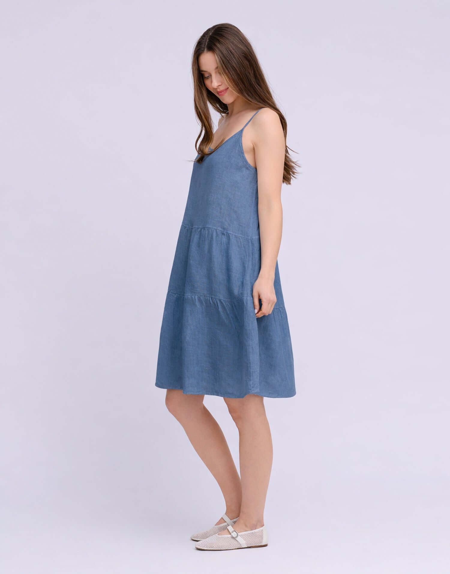 YOGA JEANS Isabella Linen Spaghetti Strap Dress styled in a casual, flowing design with a light blue color.