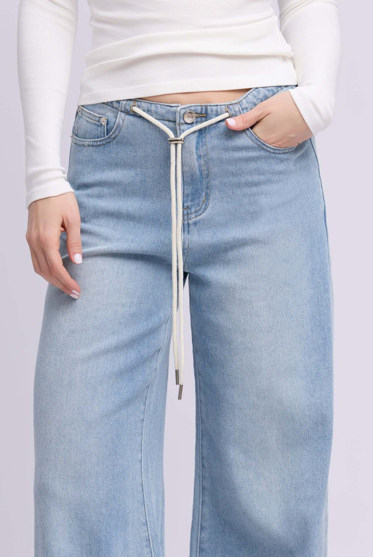 Yoga Jeans LILY Wide Leg Drawstring Jeans in light blue with a stylish drawstring detail.