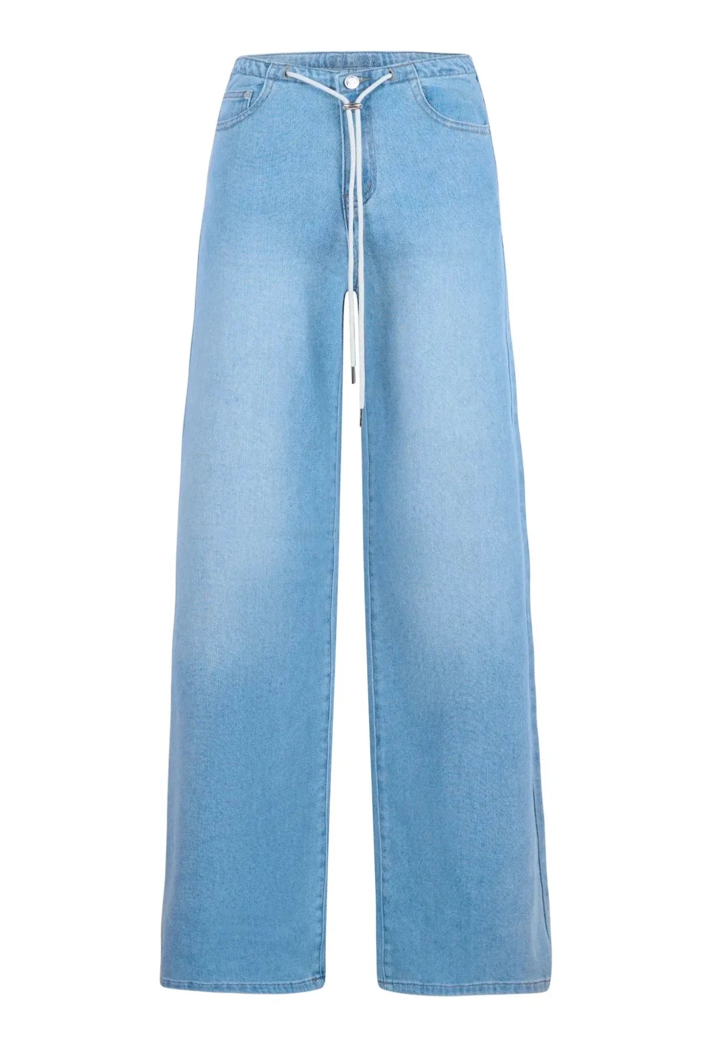 Yoga Jeans LILY Wide Leg Drawstring Jeans in light blue with wide leg style and drawstring detail.