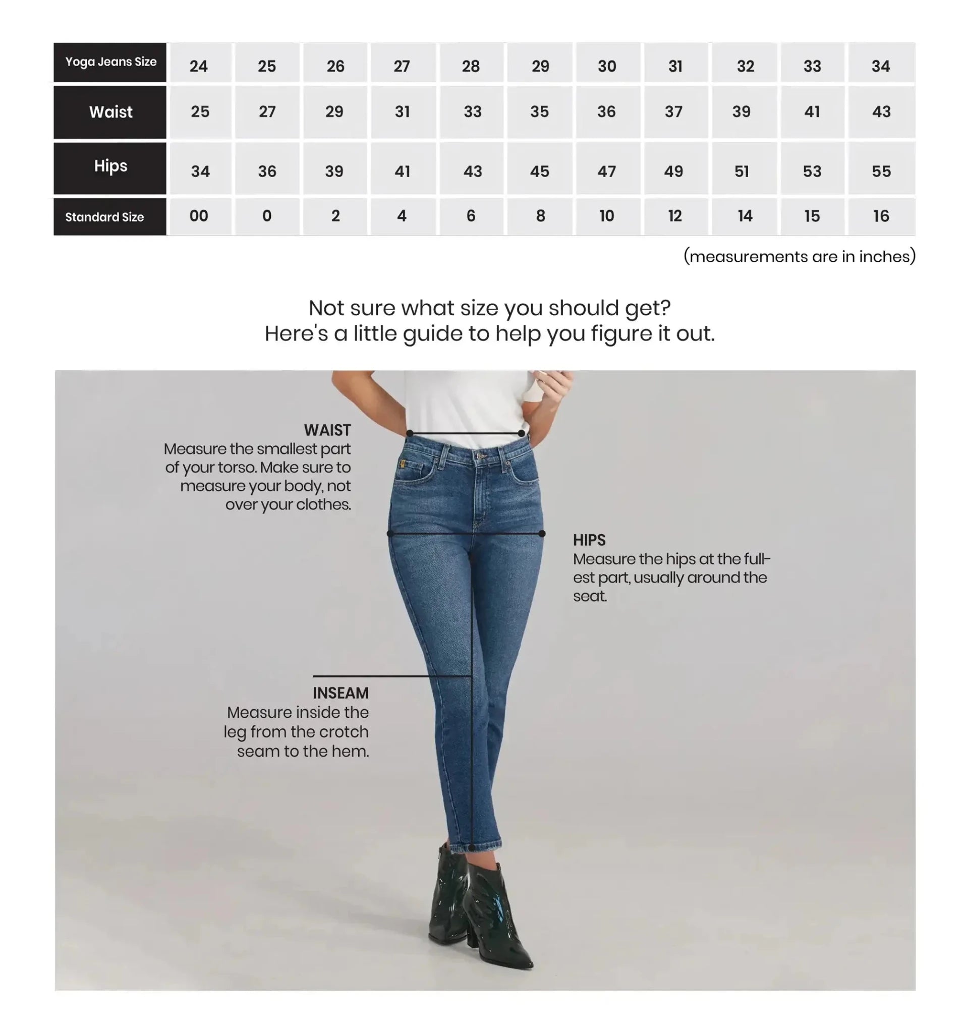 Yoga Jeans LILY Wide Leg Drawstring Jeans size guide including waist and hip measurements for accurate fitting.