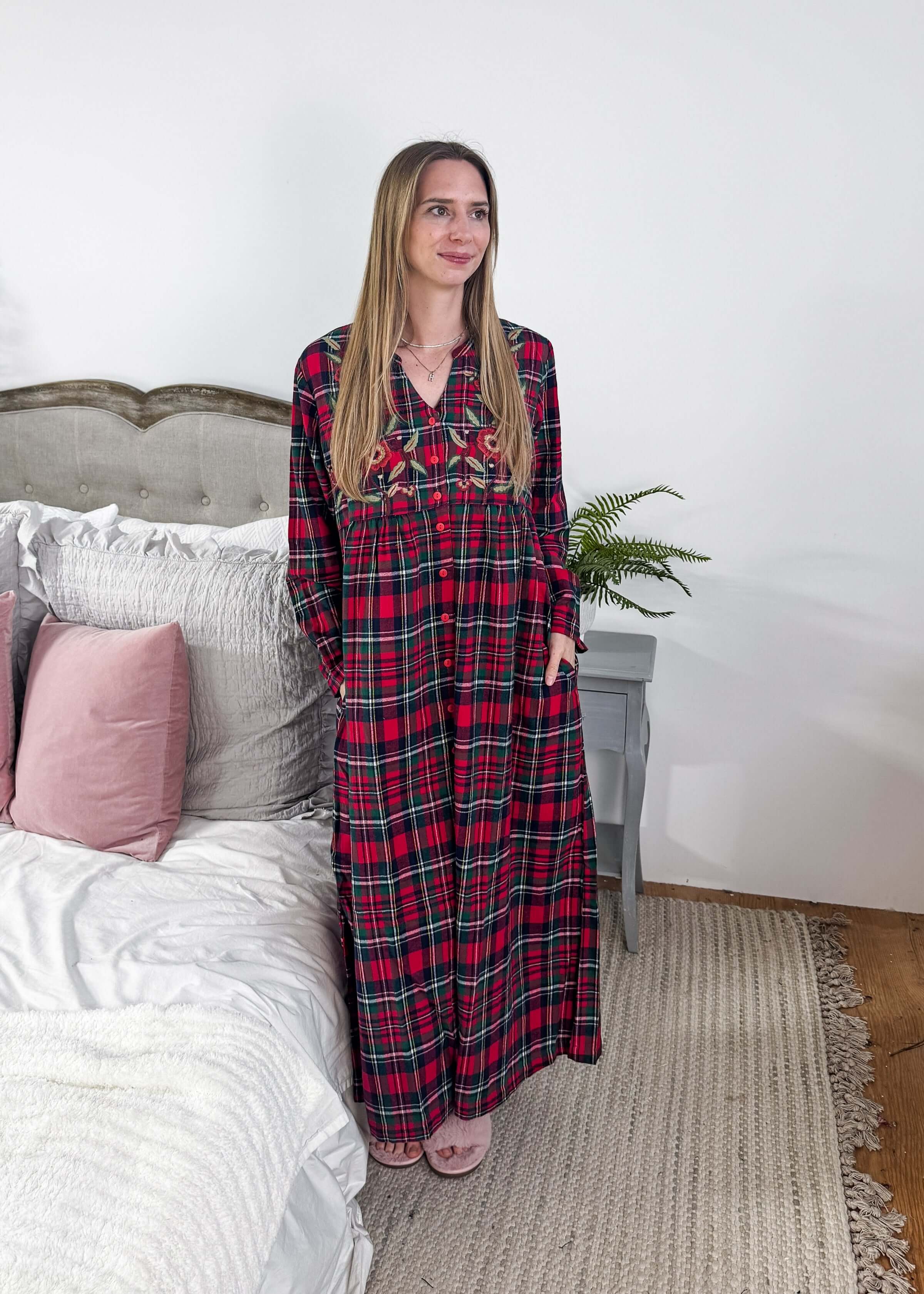 women's long red plaid flannel nightgown with embroidery APRIL CORNELL
