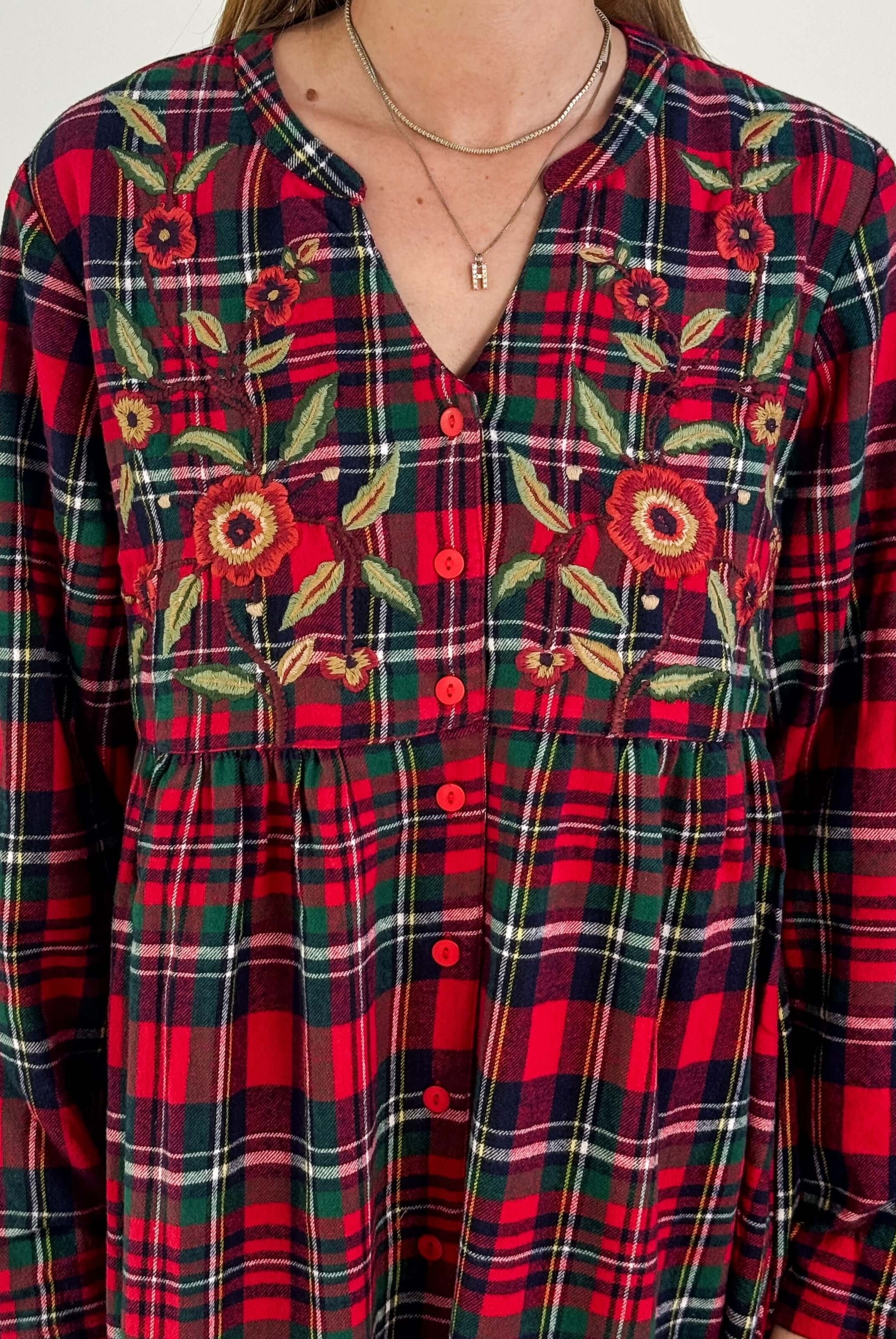 women's long red plaid flannel nightgown with embroidery APRIL CORNELL