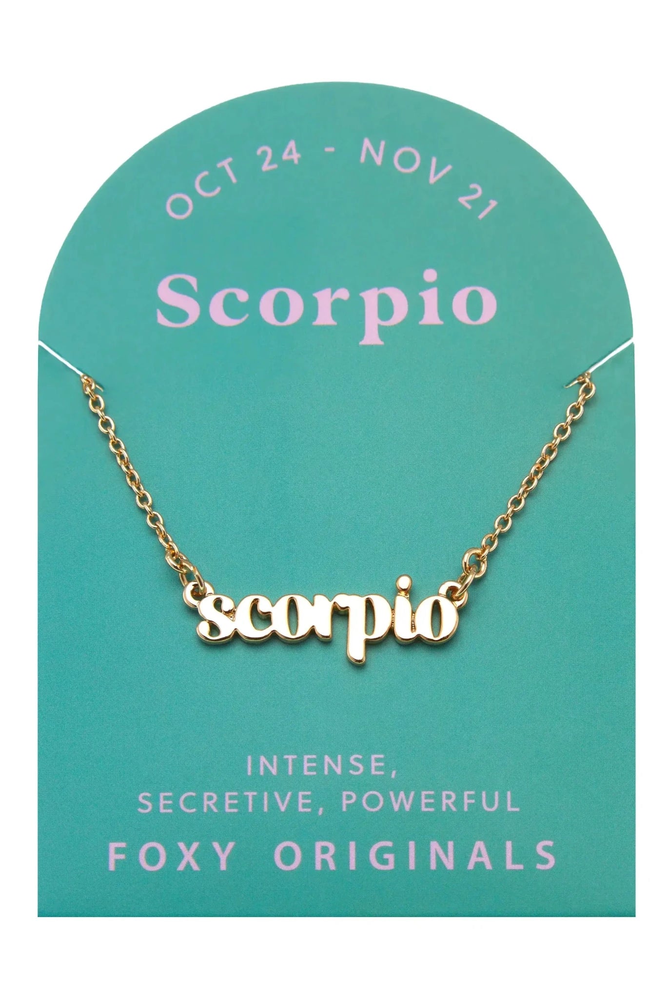 Zodiac Script Necklace in 14K Plated Gold featuring Scorpio astrological sign on a display card.