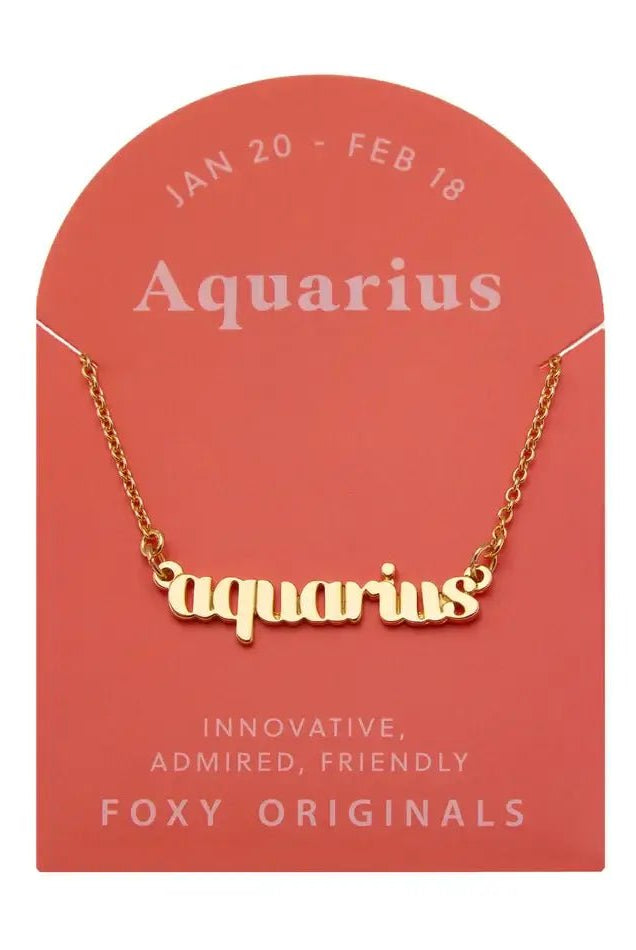 Zodiac Script Necklace in 14K Plated Gold featuring the word Aquarius on display.