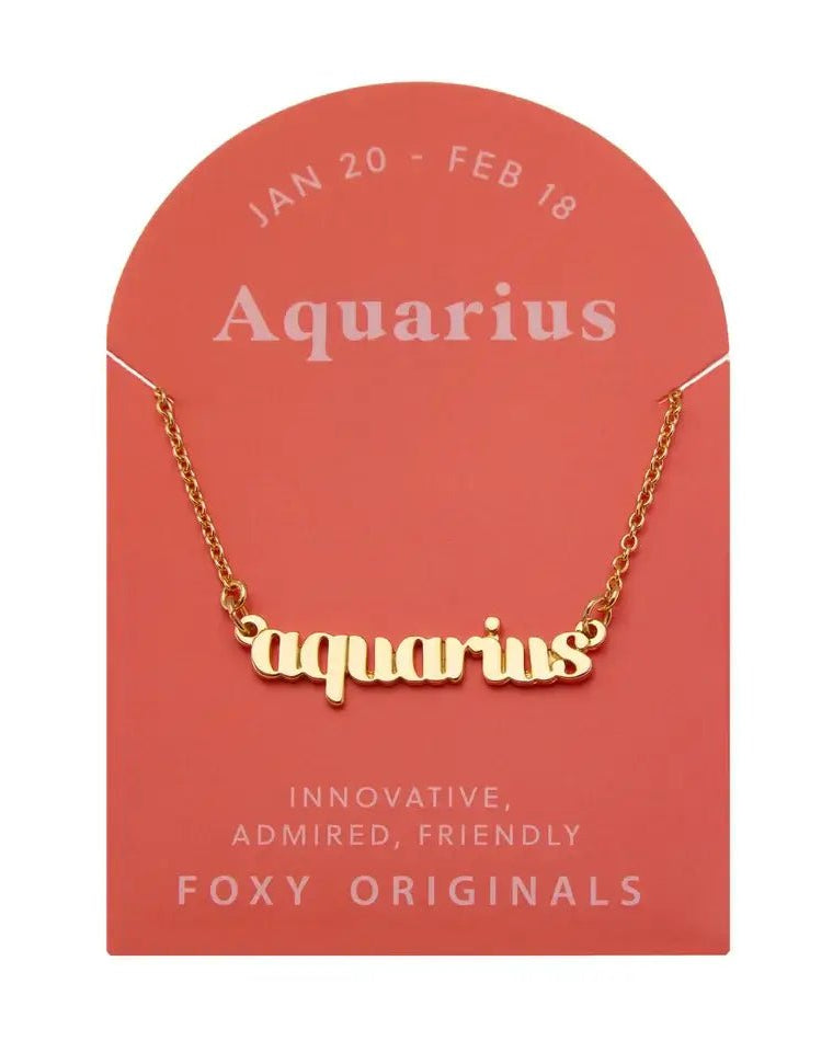 Foxy Originals Zodiac Script Necklace, 14K gold plated astrological sign pendant — Cloud Nine Pajamas Edmonton