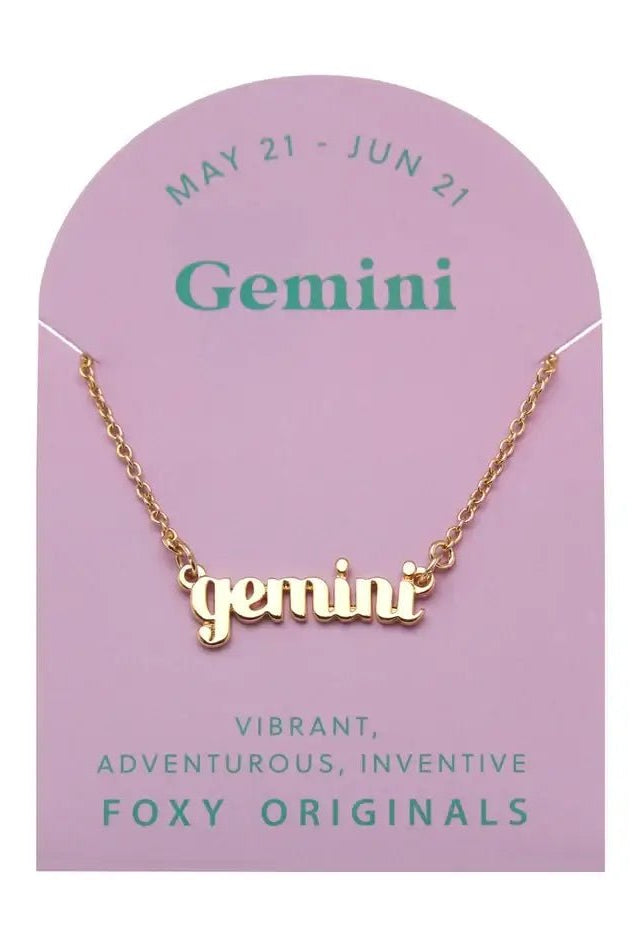 Zodiac Script Necklace in 14K Plated Gold featuring the Gemini astrological sign