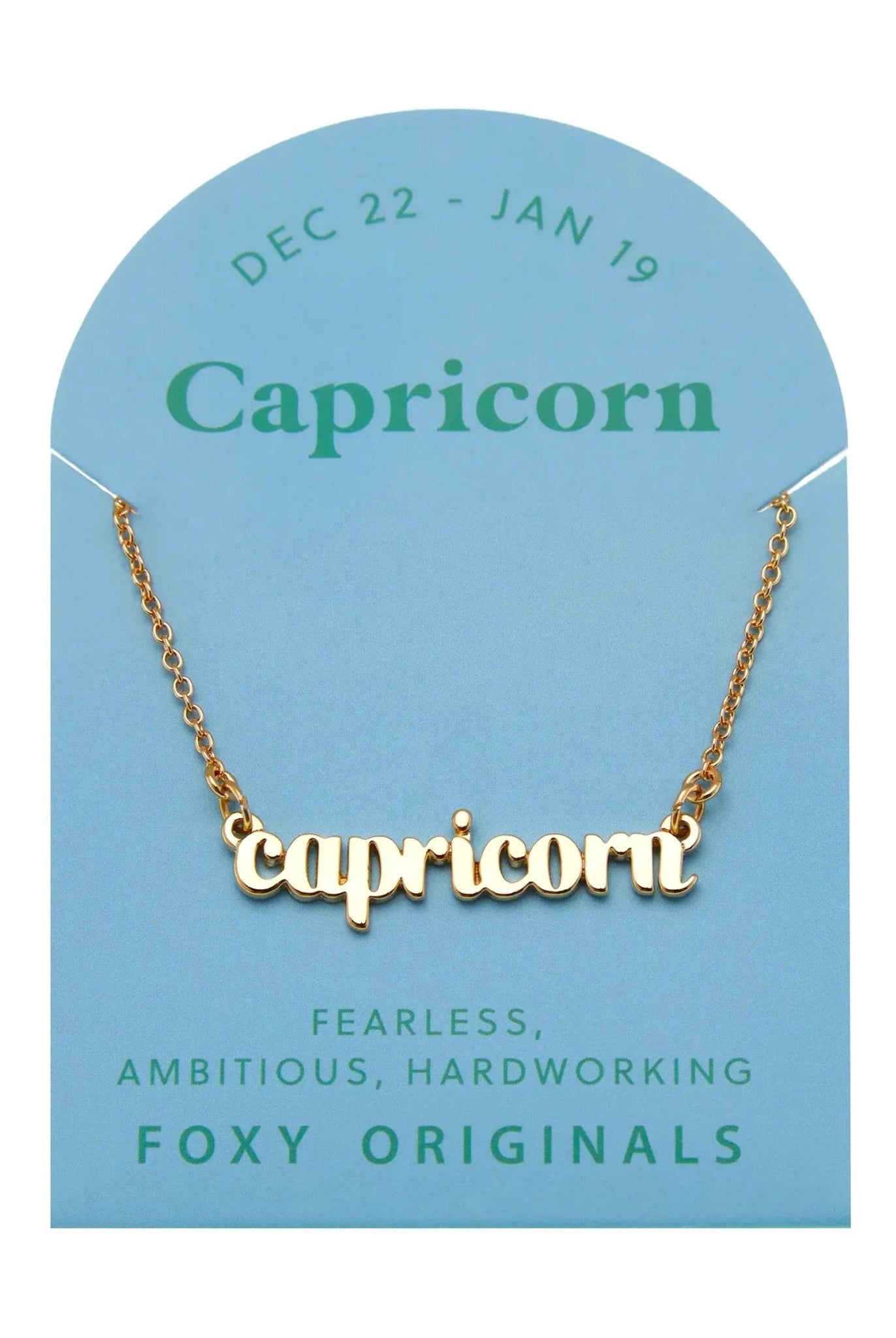 Zodiac Script Necklace in 14K Plated Gold featuring Capricorn charm with gold finish and blue background, perfect for astrology lovers.