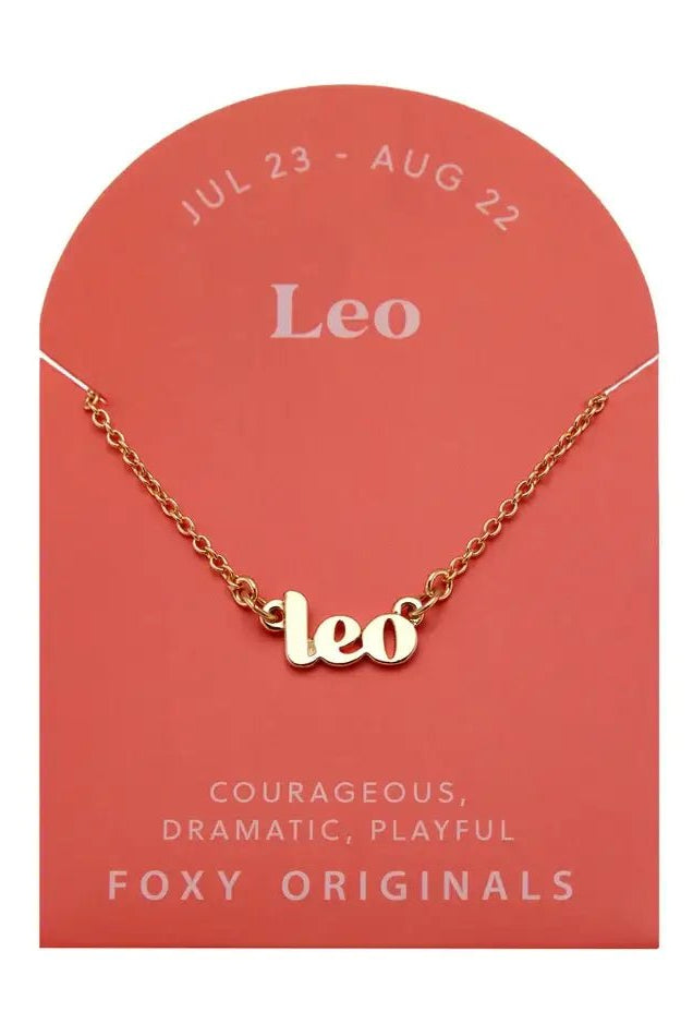 Zodiac Script Necklace in 14K Plated Gold featuring the Leo astrological sign on a stylish card.