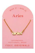 Zodiac Script Necklace in 14K Plated Gold featuring the Aries astrological sign in elegant script.