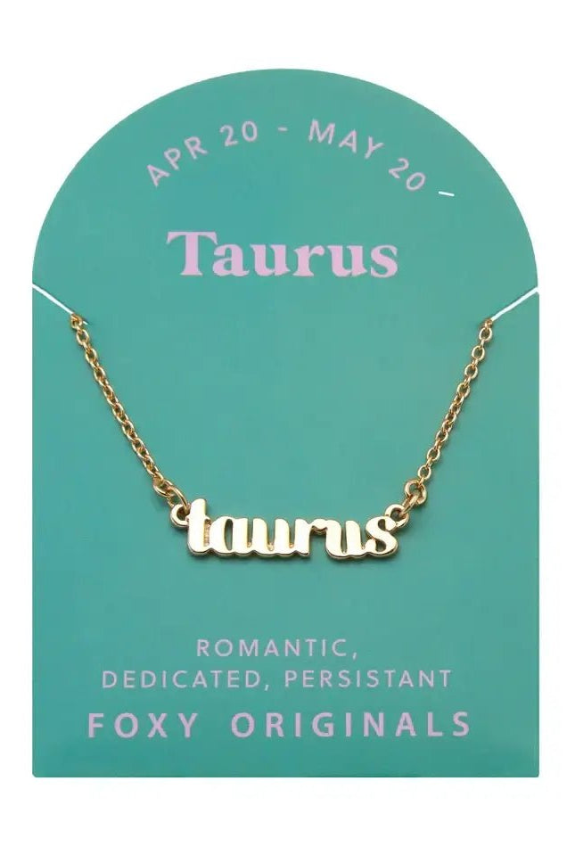 Zodiac Script Necklace in 14K Plated Gold featuring Taurus astrological sign on packaging for astrology lovers.