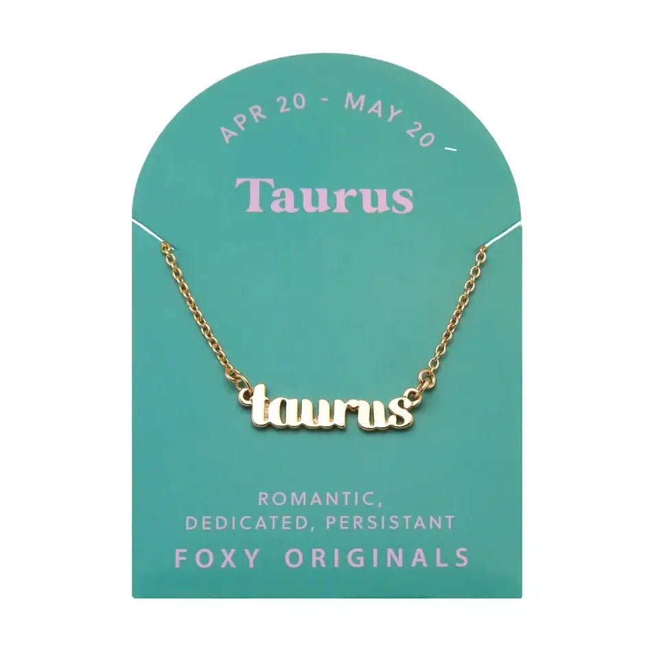 Zodiac Script Necklace in 14K Plated Gold featuring Taurus astrological sign on packaging for astrology lovers.