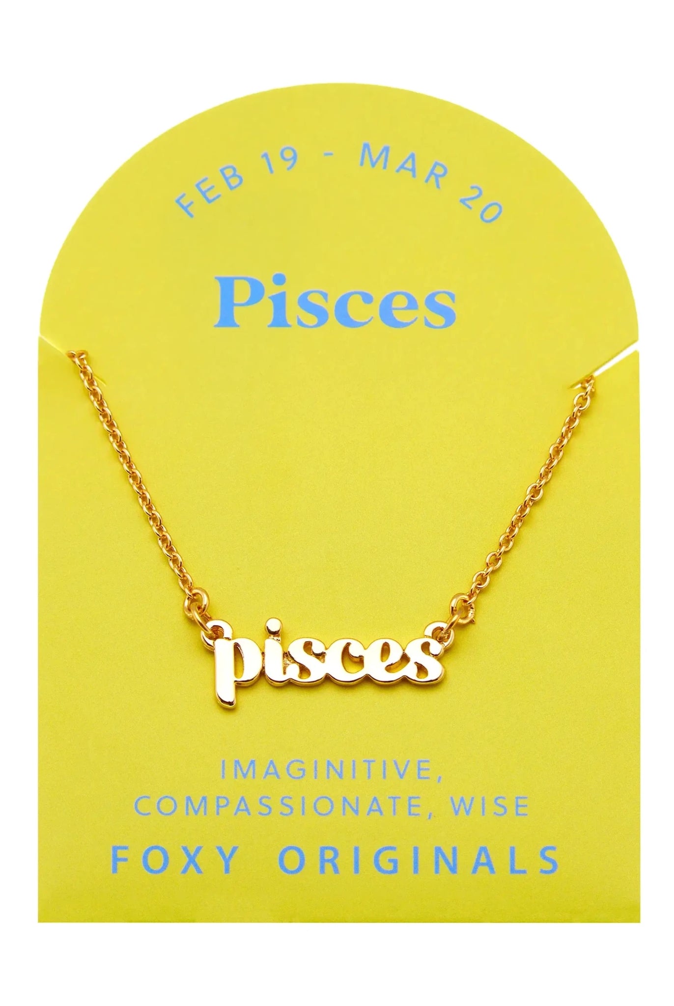 Zodiac Script Necklace in 14K Plated Gold featuring the Pisces astrological sign on a bright yellow display card.