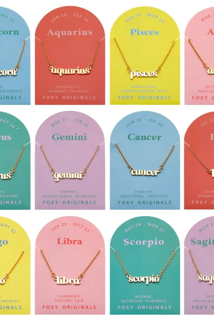 all-groups Zodiac Script Necklace in 14K Plated Gold featuring astrological signs on colorful cards
