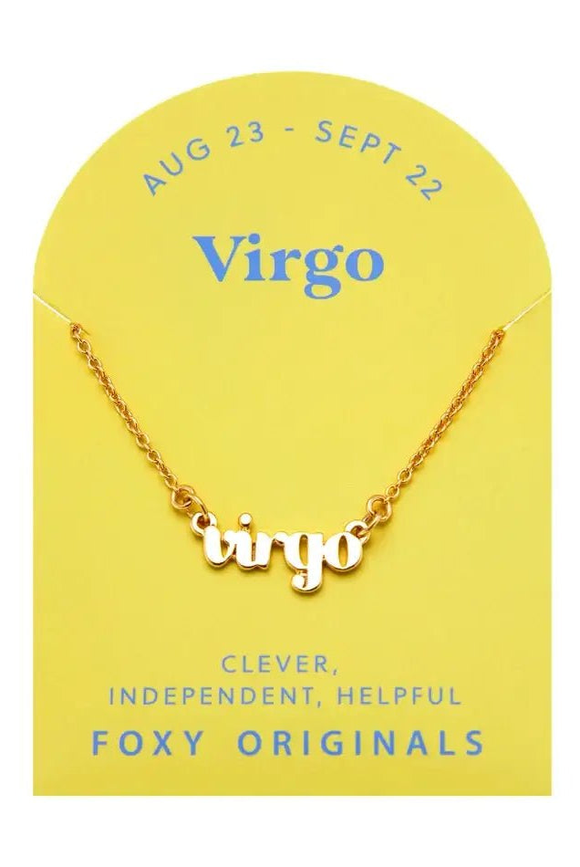 Zodiac Script Necklace in 14K Plated Gold featuring the Virgo astrological sign in elegant script on a yellow background.