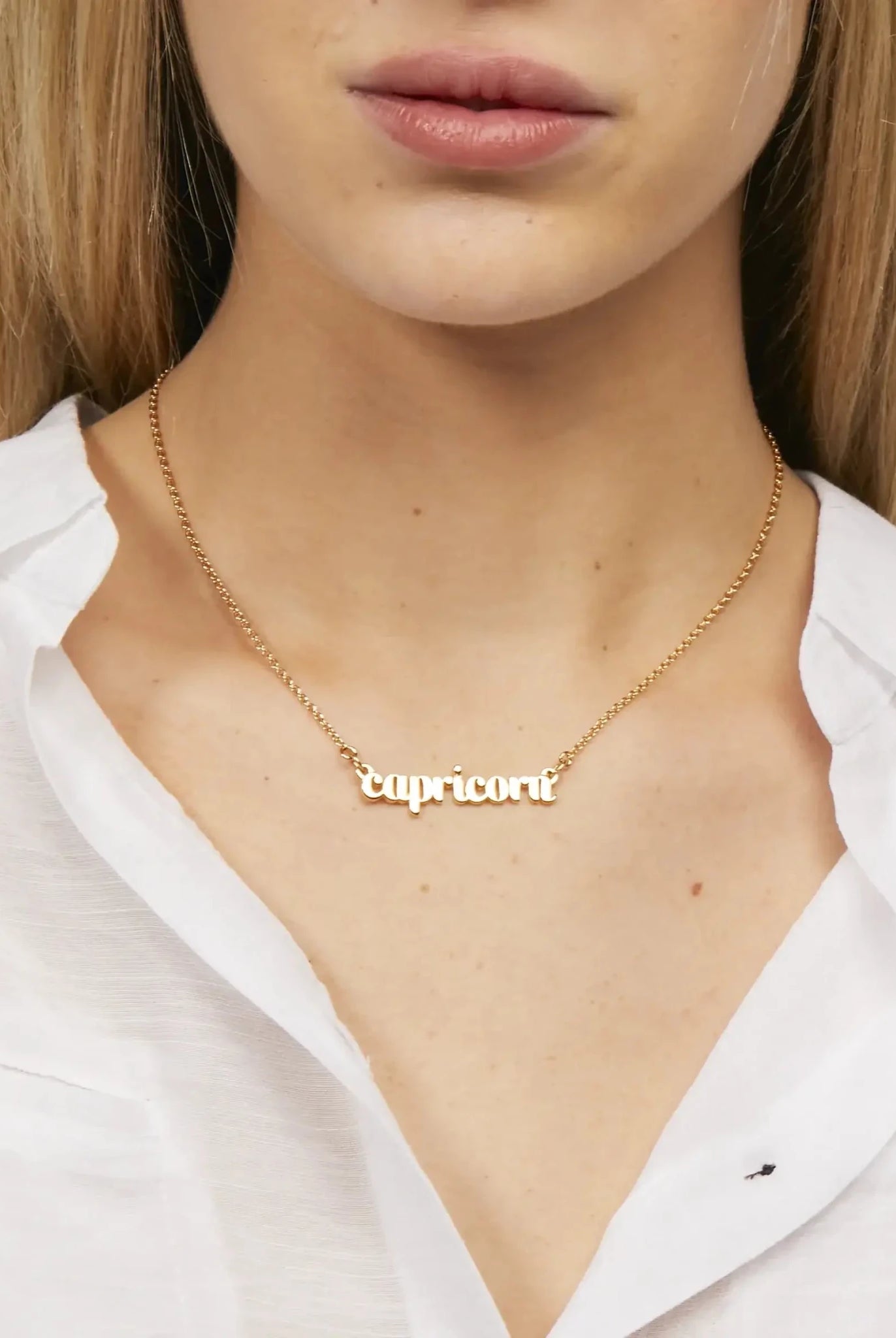 Zodiac Script Necklace in 14K Plated Gold featuring 'Capricorni' worn by a model.