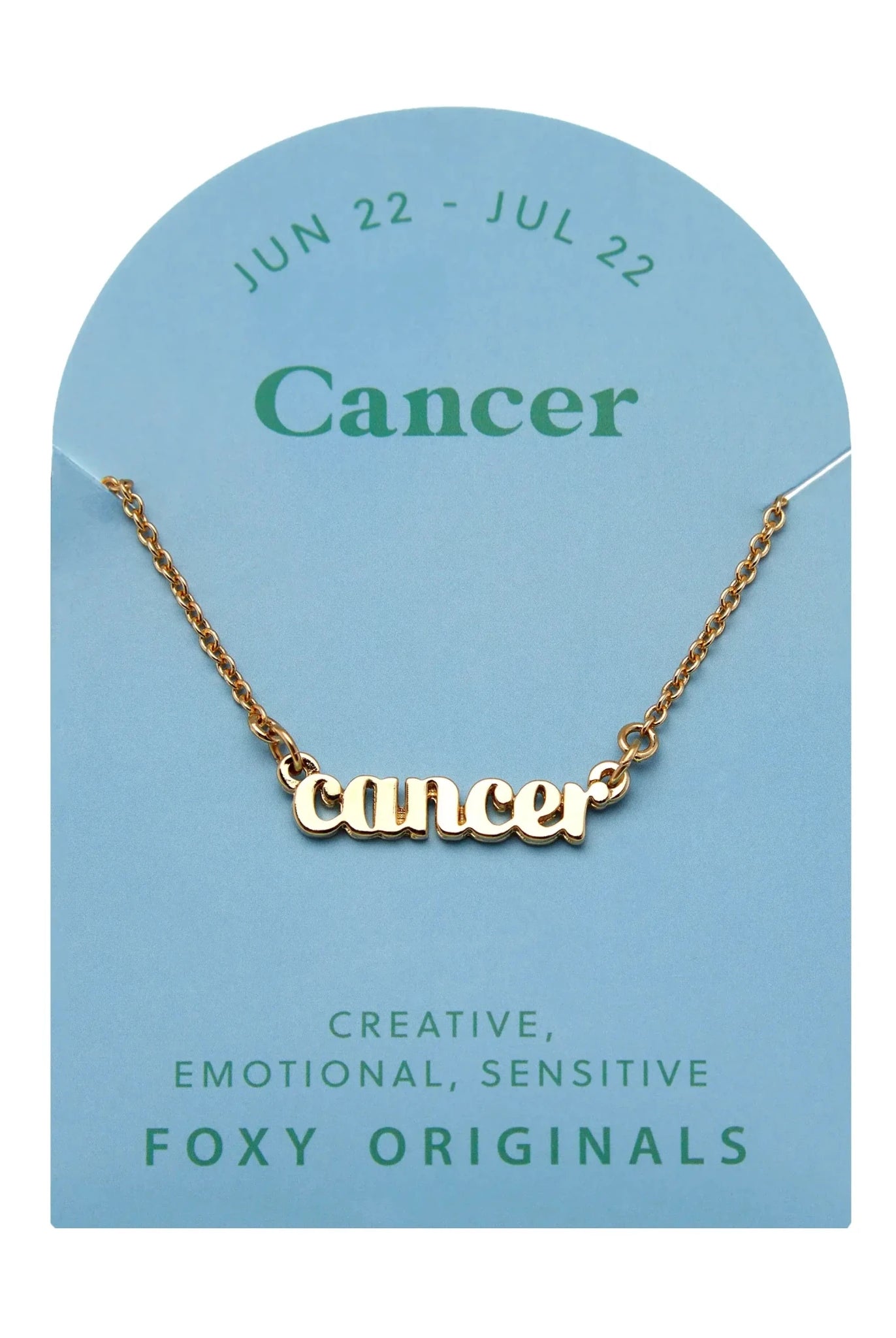 Zodiac Script Necklace in 14K Plated Gold featuring the word 'Cancer' on a blue background for astrology lovers.