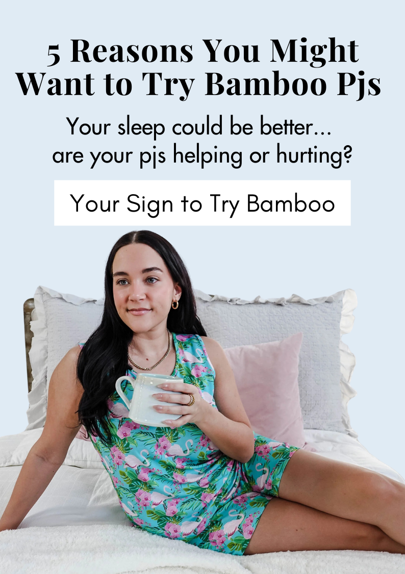 5 Reasons to Try Bamboo Pajamas (The Ultimate Solution for Hot Sleepers) with a woman holding a cup on a bed.