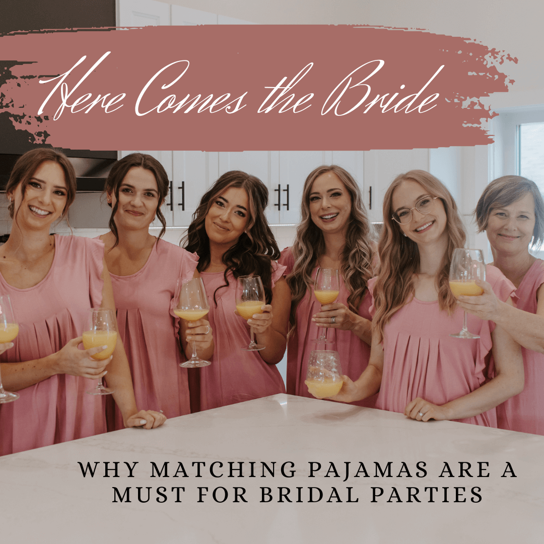 Bridal party in matching pink pajamas celebrating with drinks, highlighting the importance of coordinating outfits.