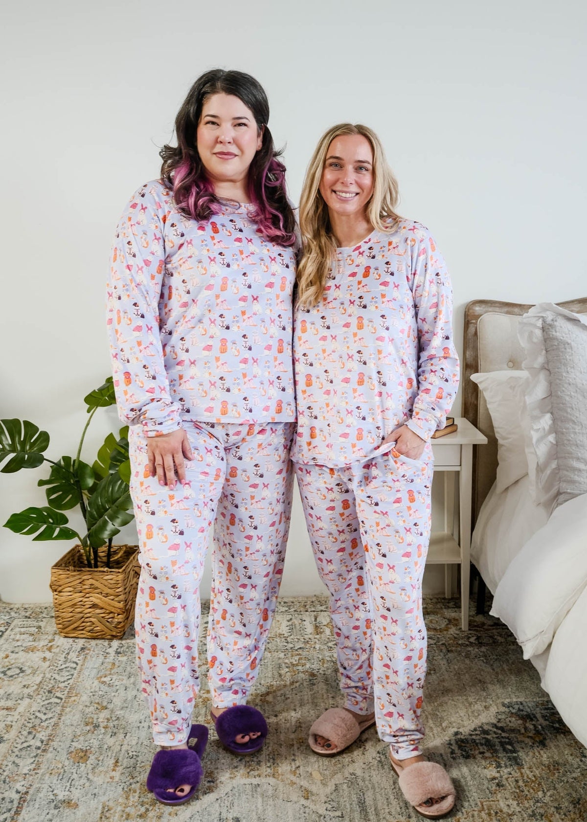 Miranda Nic purple velour Catwalk Kitties cat print pajama set on model — Cloud Nine Pajamas Edmonton