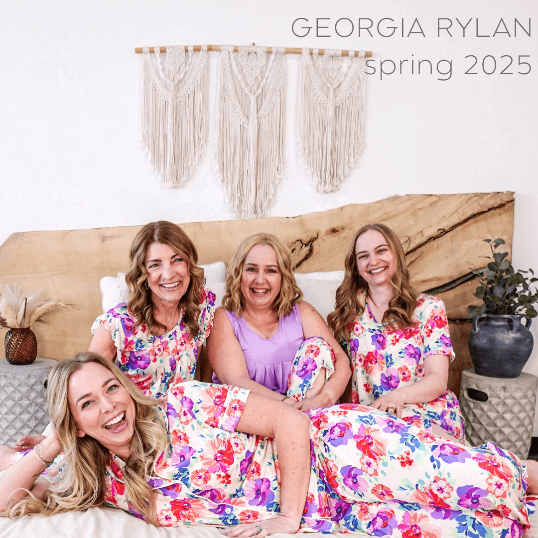 Georgia Rylan Spring 2025 collection featuring four women in colorful floral pajamas, showcasing comfort and style.
