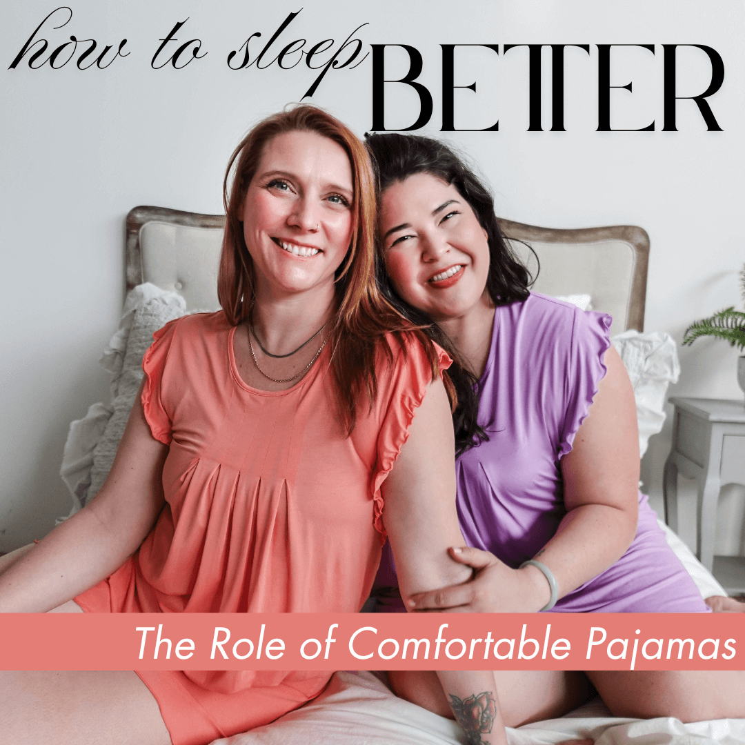 Two women in colorful pajamas smiling together, promoting better sleep with comfortable sleepwear.