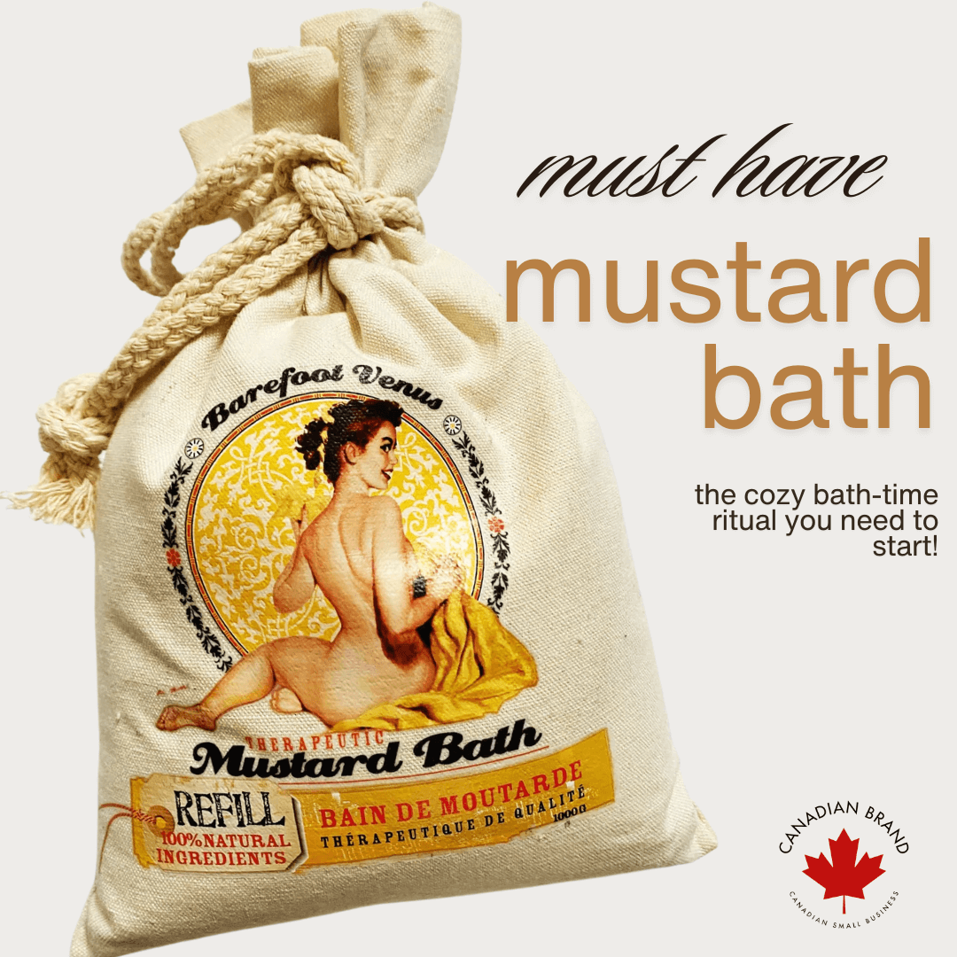 Mustard bath product bag featuring a cozy design and the words 'must have mustard bath' for relaxation.