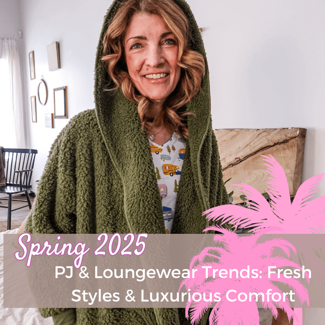 Woman in cozy green loungewear showcasing spring 2025 trends in pajamas and stylish comfort.
