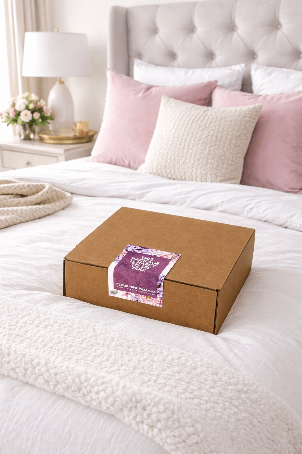 Spring 2026 Seasonal Box on a cozy bed with decorative pillows and soft bedding.
