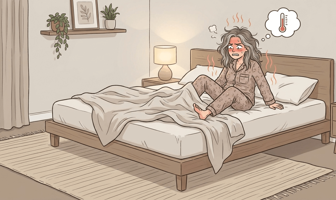 A woman experiencing hot flashes in bed, illustrating the 3:00 AM 'Internal Furnace': Why Bamboo is a Menopause Essential.