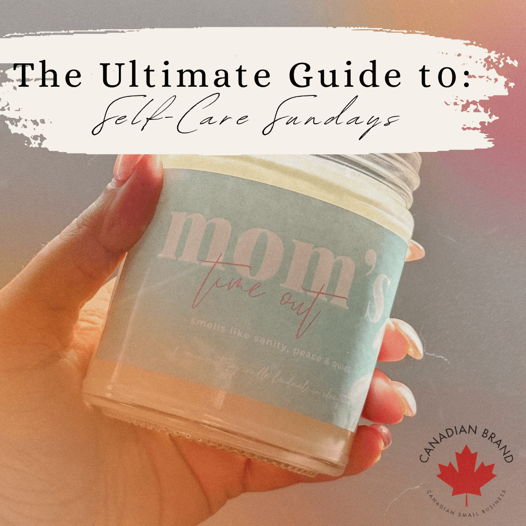 A hand holding a scented candle labeled "mom's time out" perfect for self-care Sundays.