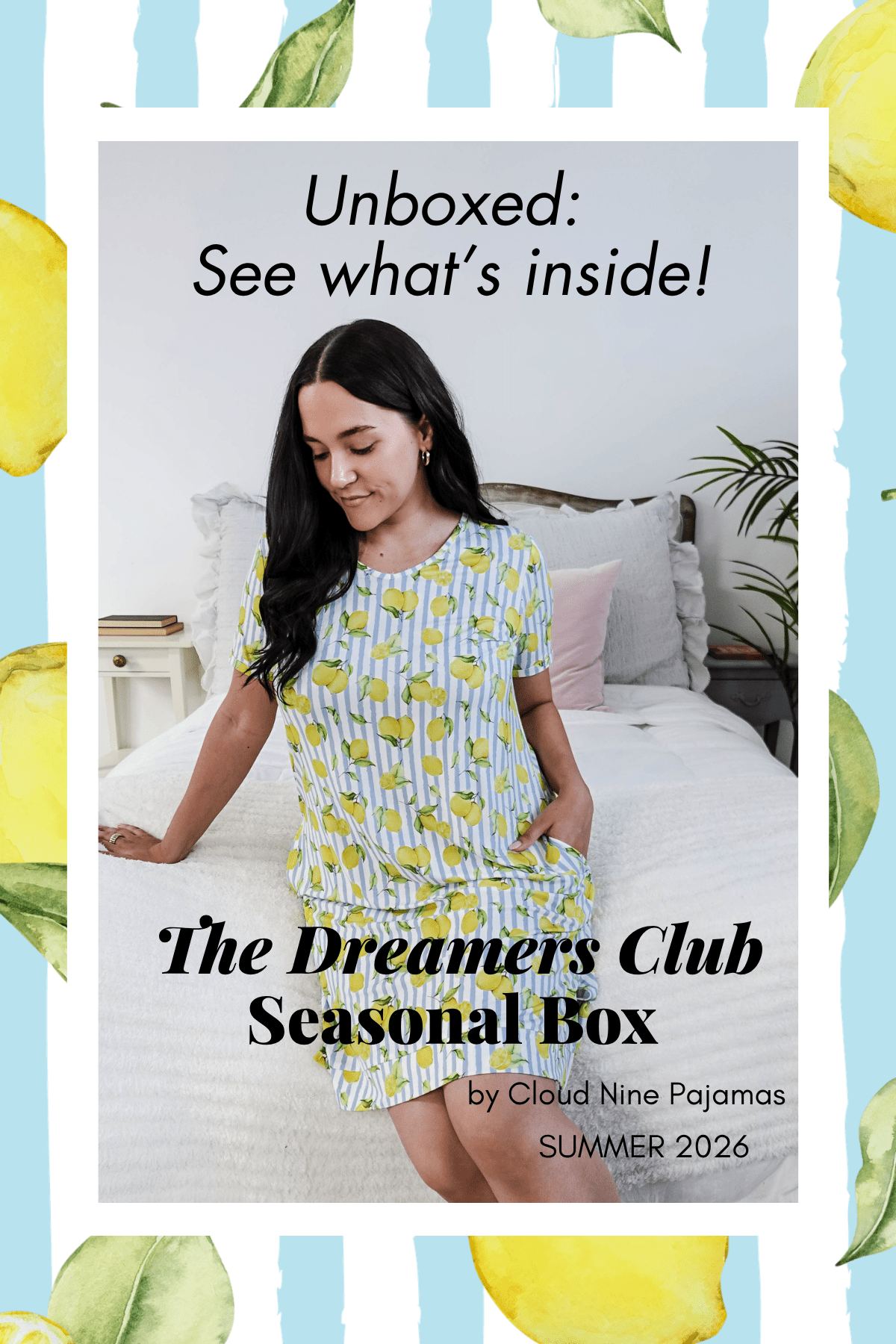 Woman wearing lemon-print bamboo pajama set from the Cloud Nine Pajamas Summer Citrus Dreamers Club box, sitting on a bed.