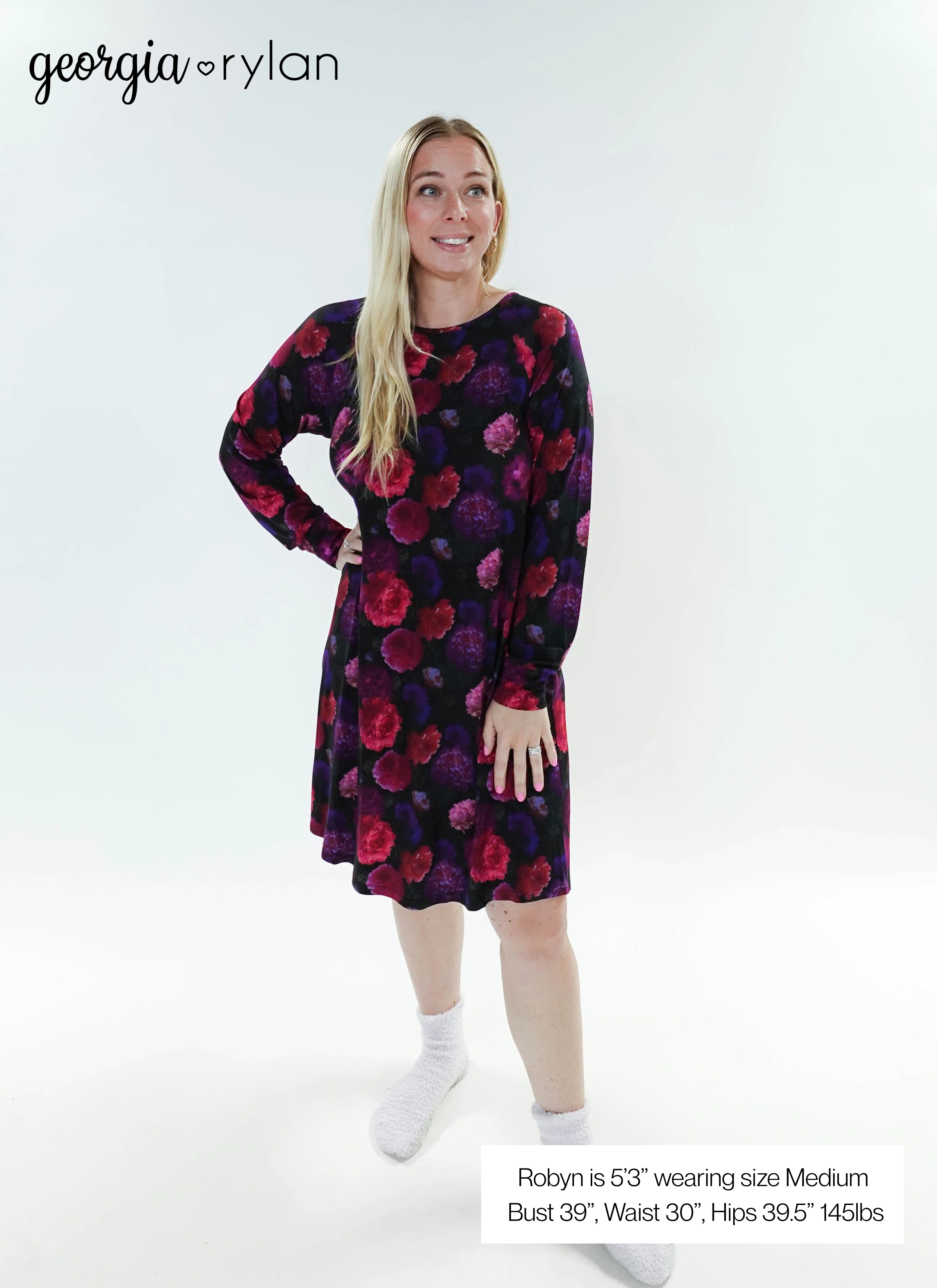 Winter Blossom Long Sleeve Bamboo Nightshirt - model robyn shows the front view, and picture lists her measurements and sizing details.