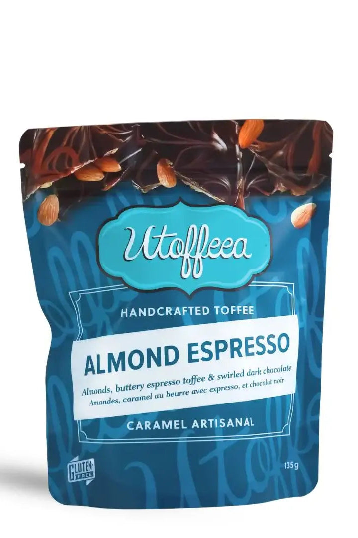 Utoffeea Almond Espresso flavour handcrafted toffee package on a white background