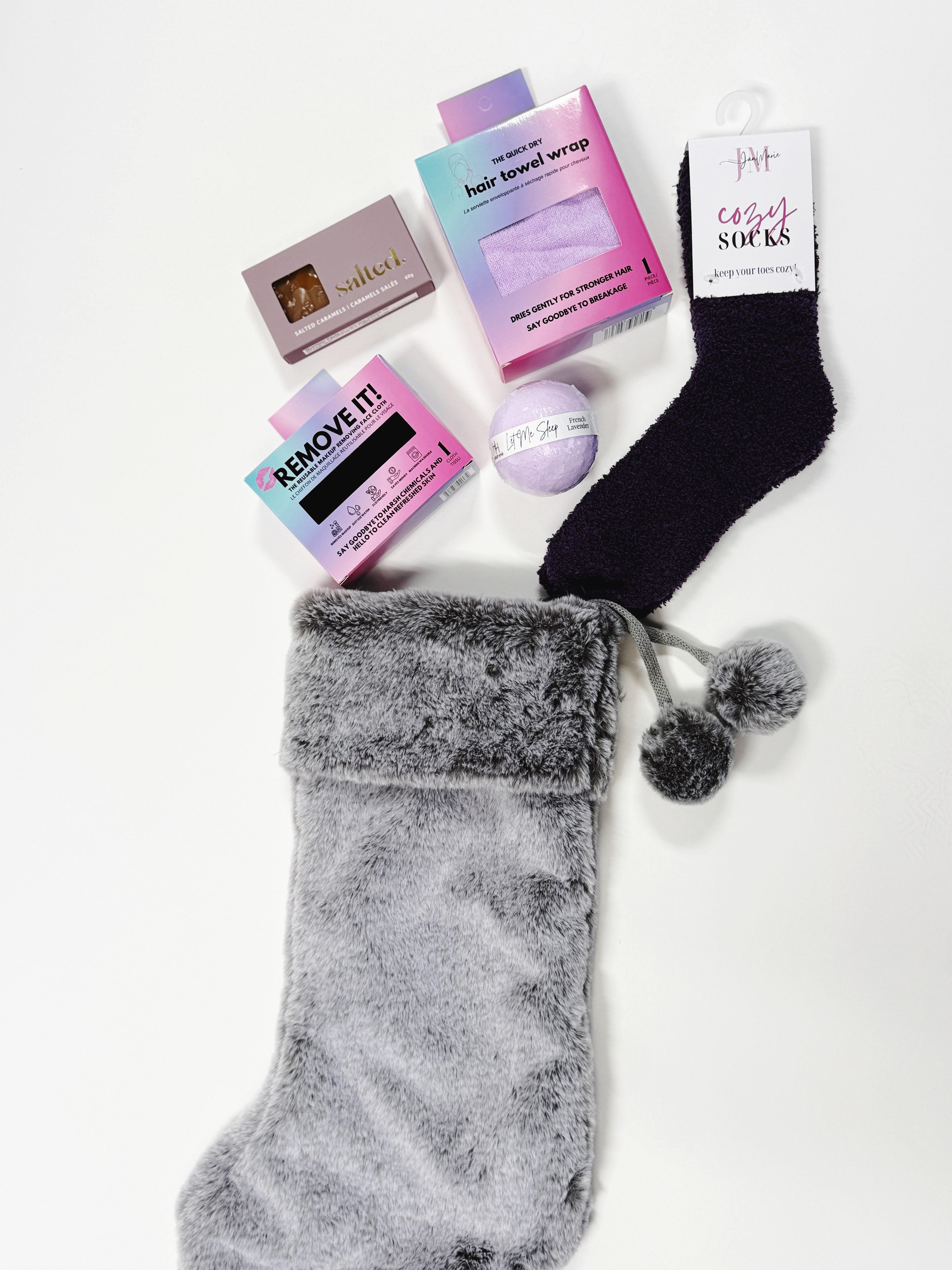 Spa In A Stocking Gift Set with luxurious pampering products and cozy socks for a mini self-care retreat.