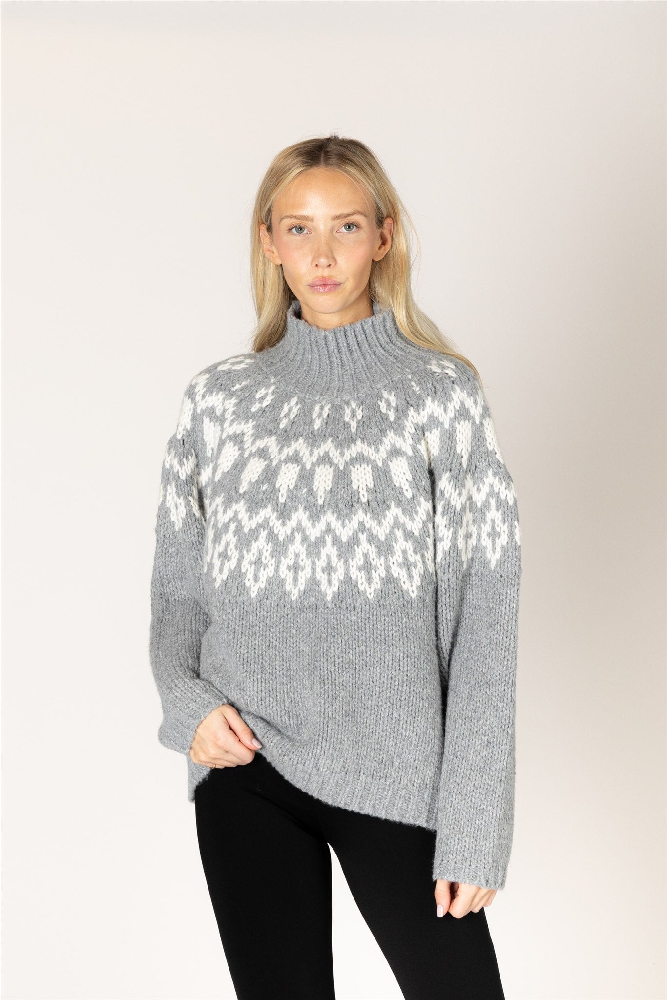 Lyla & Luxe Aggie Fair Isle Mock Neck Sweater Cashmere Snow front view — Cloud Nine Pajamas