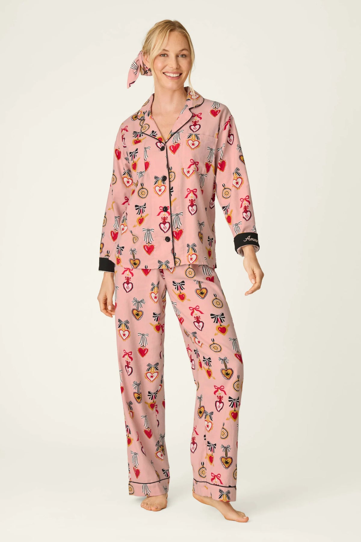 PJ Salvage Amour Love Lockets 3-Piece Flannel PJ Set Iced Rose front view on model — Cloud Nine Pajamas Edmonton