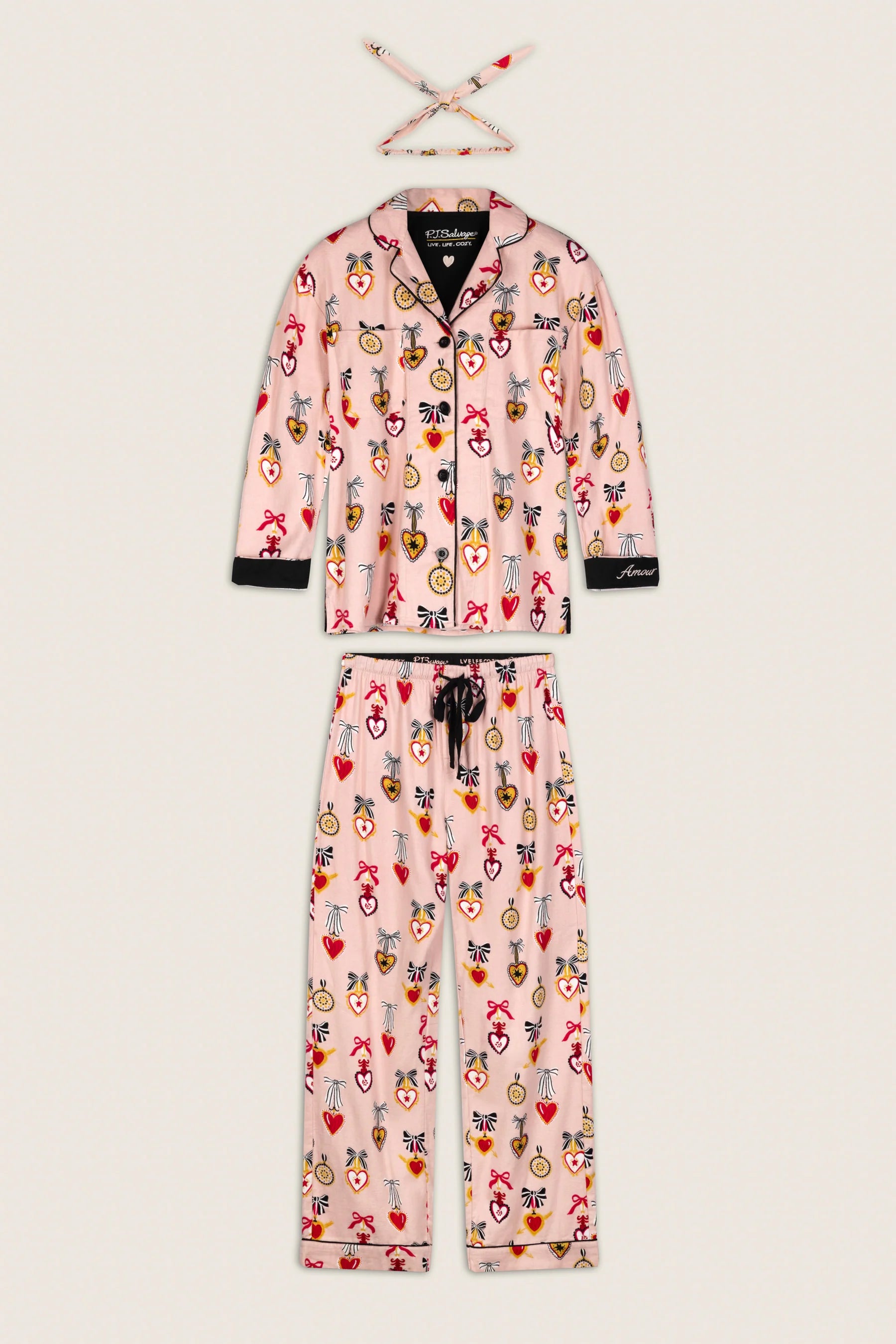 PJ Salvage Amour Flannel PJ Set full set layout with hair wrap — Cloud Nine Pajamas Edmonton