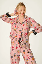 PJ Salvage Amour Flannel PJ Set heart locket charm bow print close-up — Cloud Nine Pajamas
