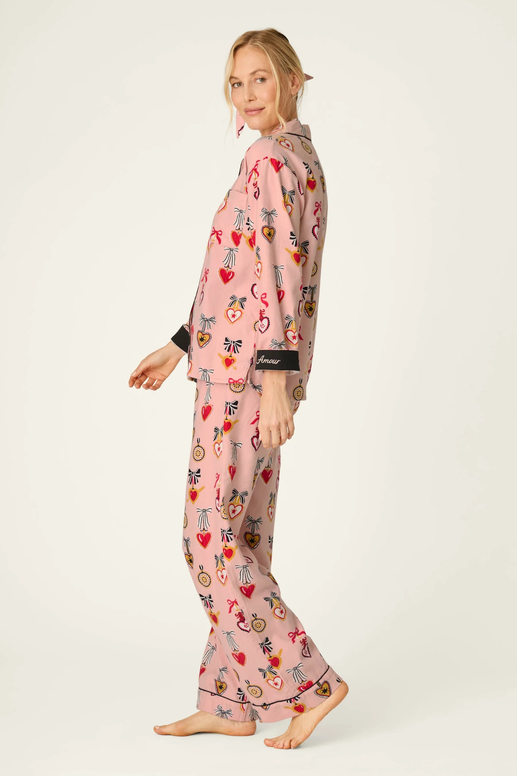PJ Salvage Amour Flannel PJ Set model full length side view — Cloud Nine Pajamas Edmonton