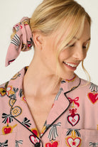 PJ Salvage Amour Flannel PJ Set heart locket charm bow print close-up of hair wrap — Cloud Nine Pajamas