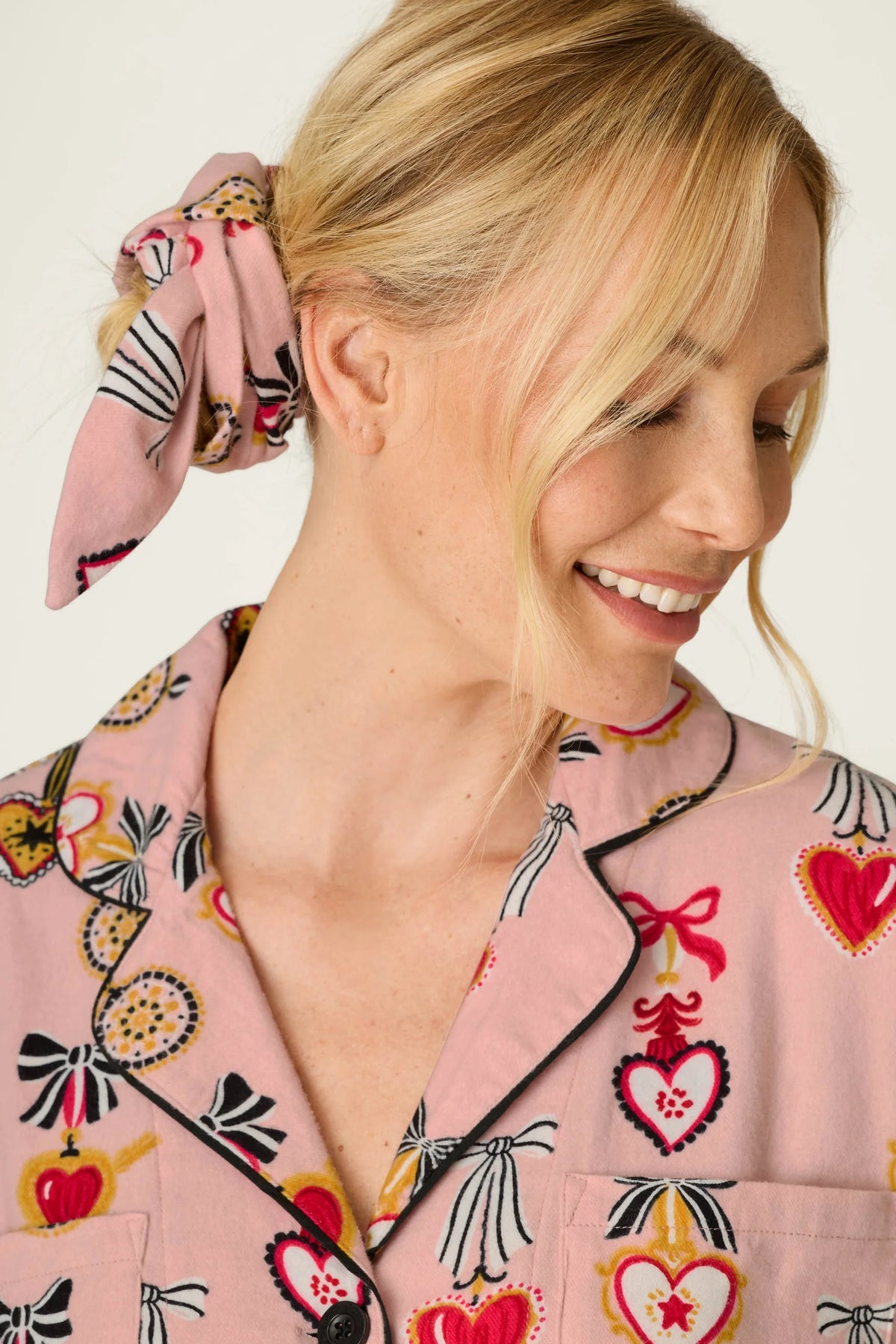 PJ Salvage Amour Flannel PJ Set heart locket charm bow print close-up of hair wrap — Cloud Nine Pajamas