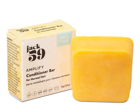 Jack59 Travel Buddies Conditioner Bar packaging and solid yellow bar for normal hair.