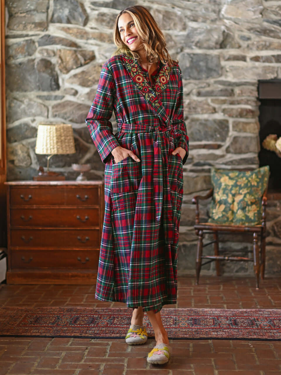 women's red plaid robe with embroidery for holiday by April Cornell