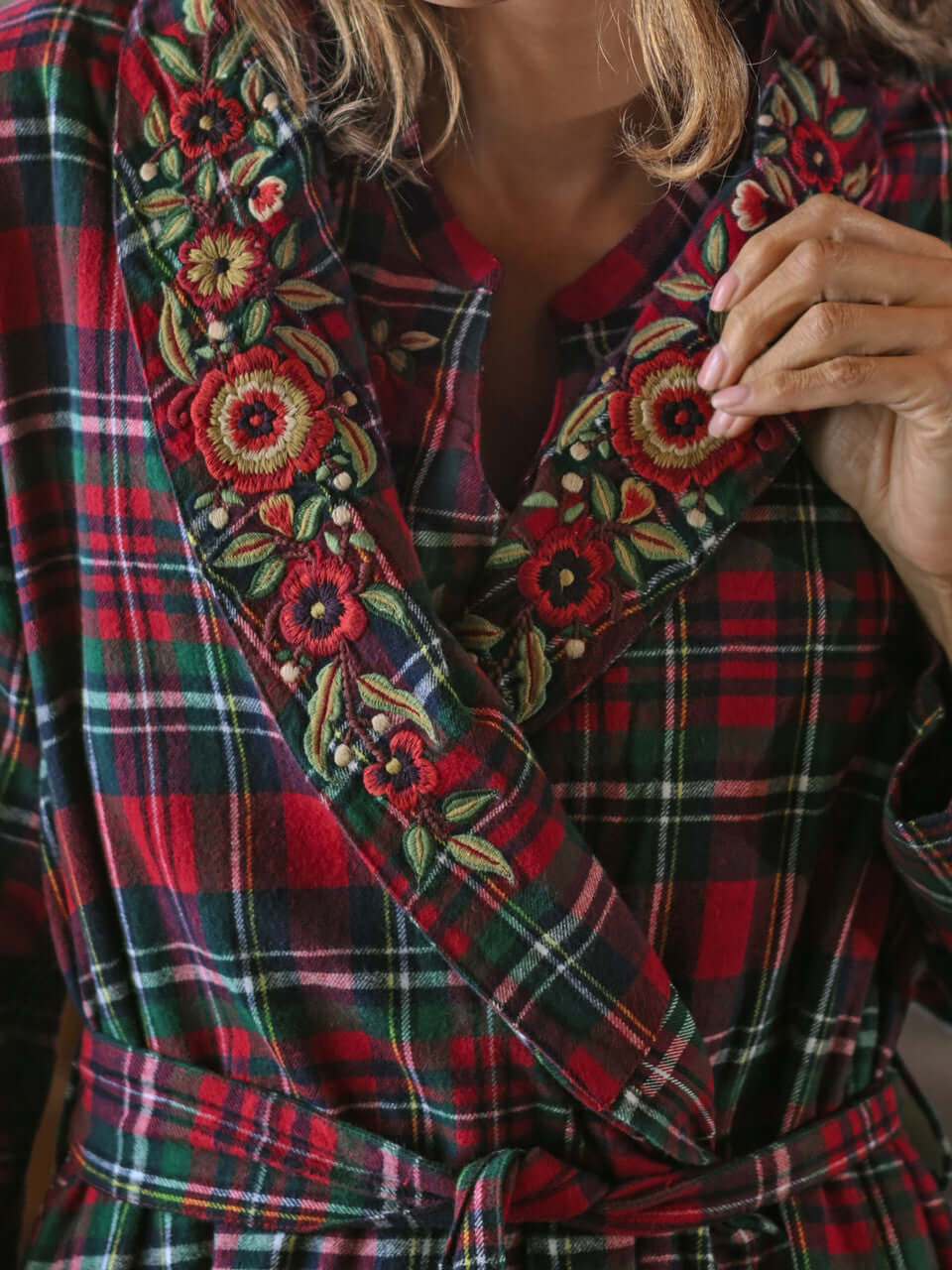 Yuletide Check Dressing Gown from April Cornell featuring floral embroidery on a red plaid flannel robe.